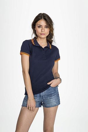 Рубашка поло женская Pasadena Women 200 с контрастной отделкой, черная с зеленым, размер S