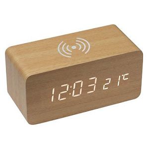Часы настольные Wireless Time Hub с беспроводной зарядкой, термометром, календарем, светло-коричневые