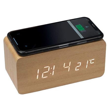 Часы настольные Wireless Time Hub с беспроводной зарядкой, термометром, календарем, светло-коричневые