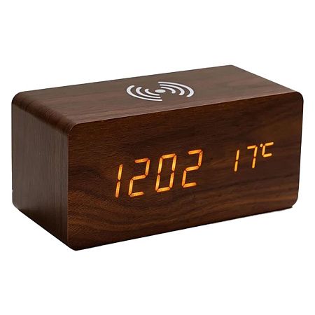 Часы настольные Wireless Time Hub с беспроводной зарядкой, термометром, календарем, темно-коричневые